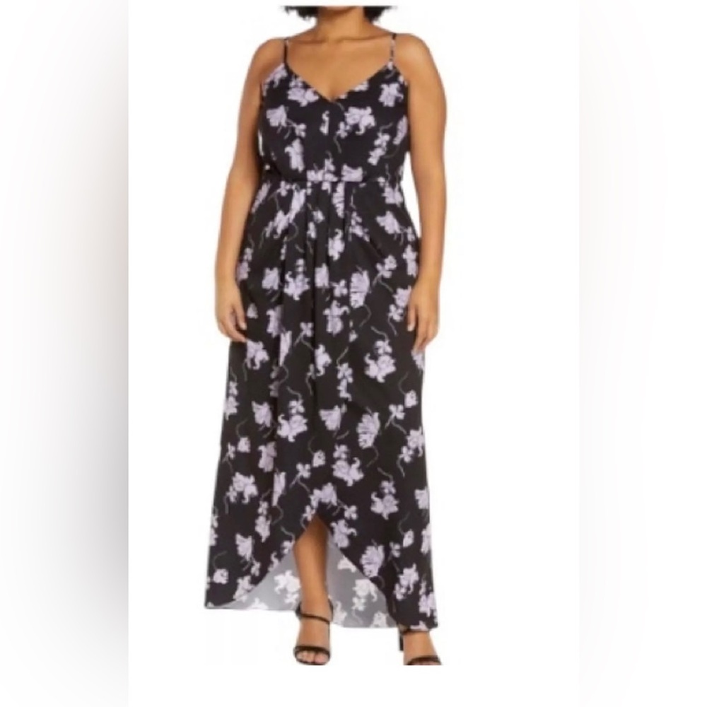 NWT Chelsea28 Black Violet Falling Orchids Tulip Hem Maxi Dress Large Reg. $119 - Picture 1 of 6